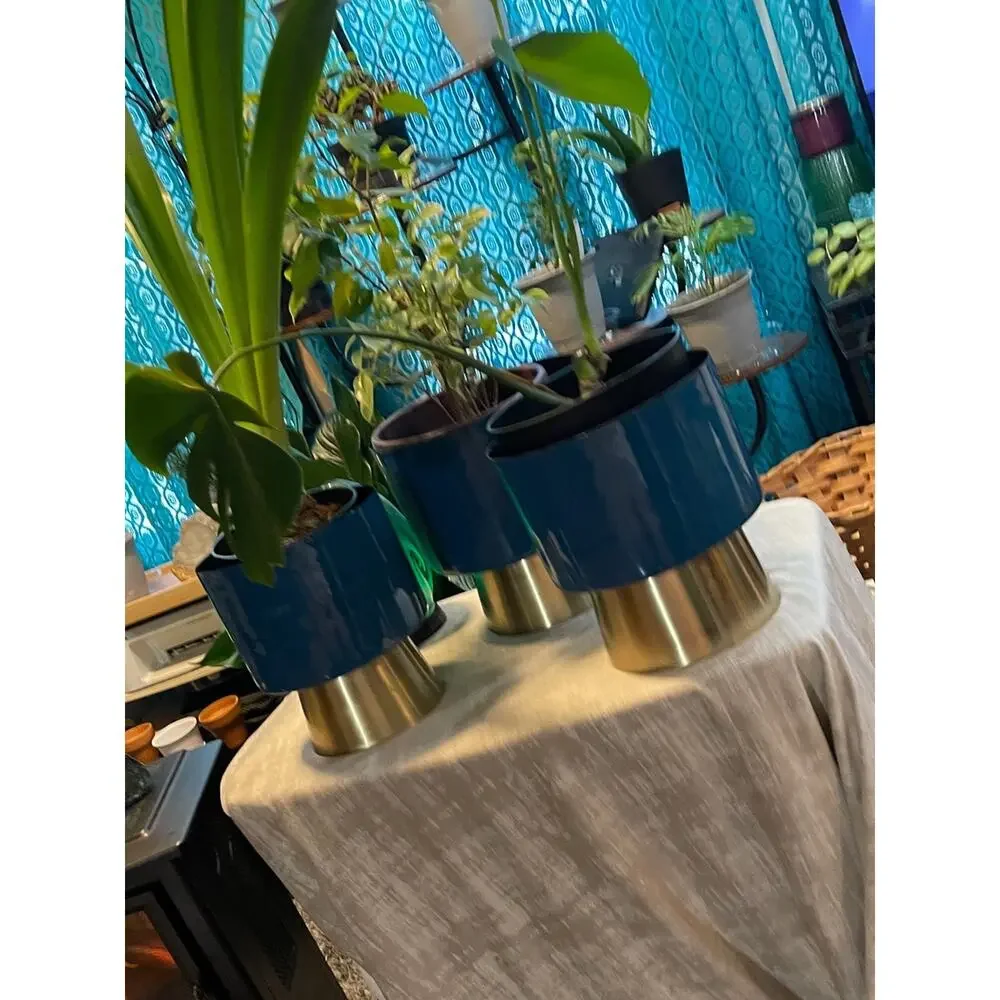 CosmoLiving NEW Blue & Gold Metal Planter 3/SET Modern Home Decor Indoor/Outdoor